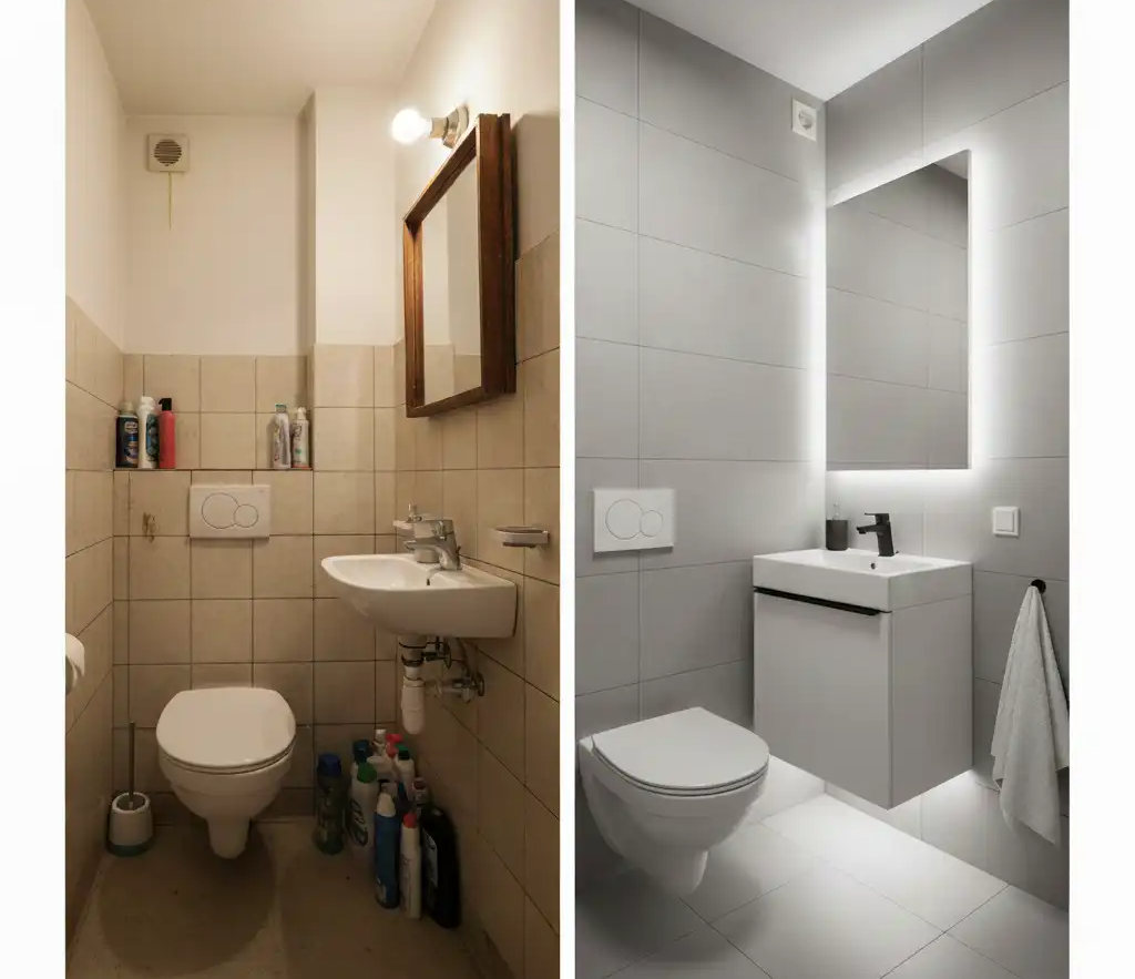 Małe WC – metamorfoza: jasne ściany, podwieszony sedes i lustro optycznie powiększające przestrzeń