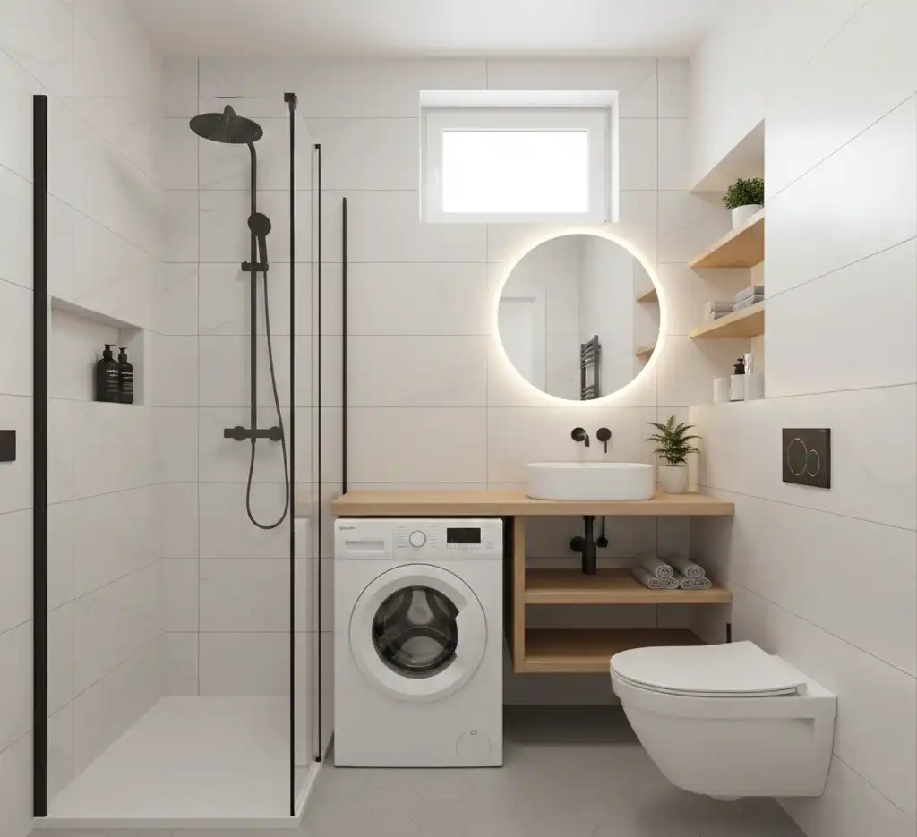 Mała łazienka z prysznicem i pralką — aranżacja