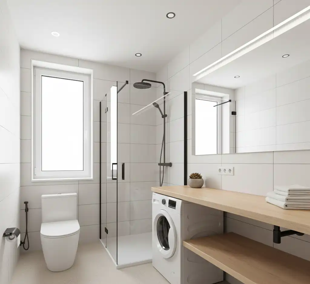 lazienka-z-prysznicem-i-pralka Mała łazienka w bloku: jak zmieścić prysznic i pralkę bez utraty funkcjonalności