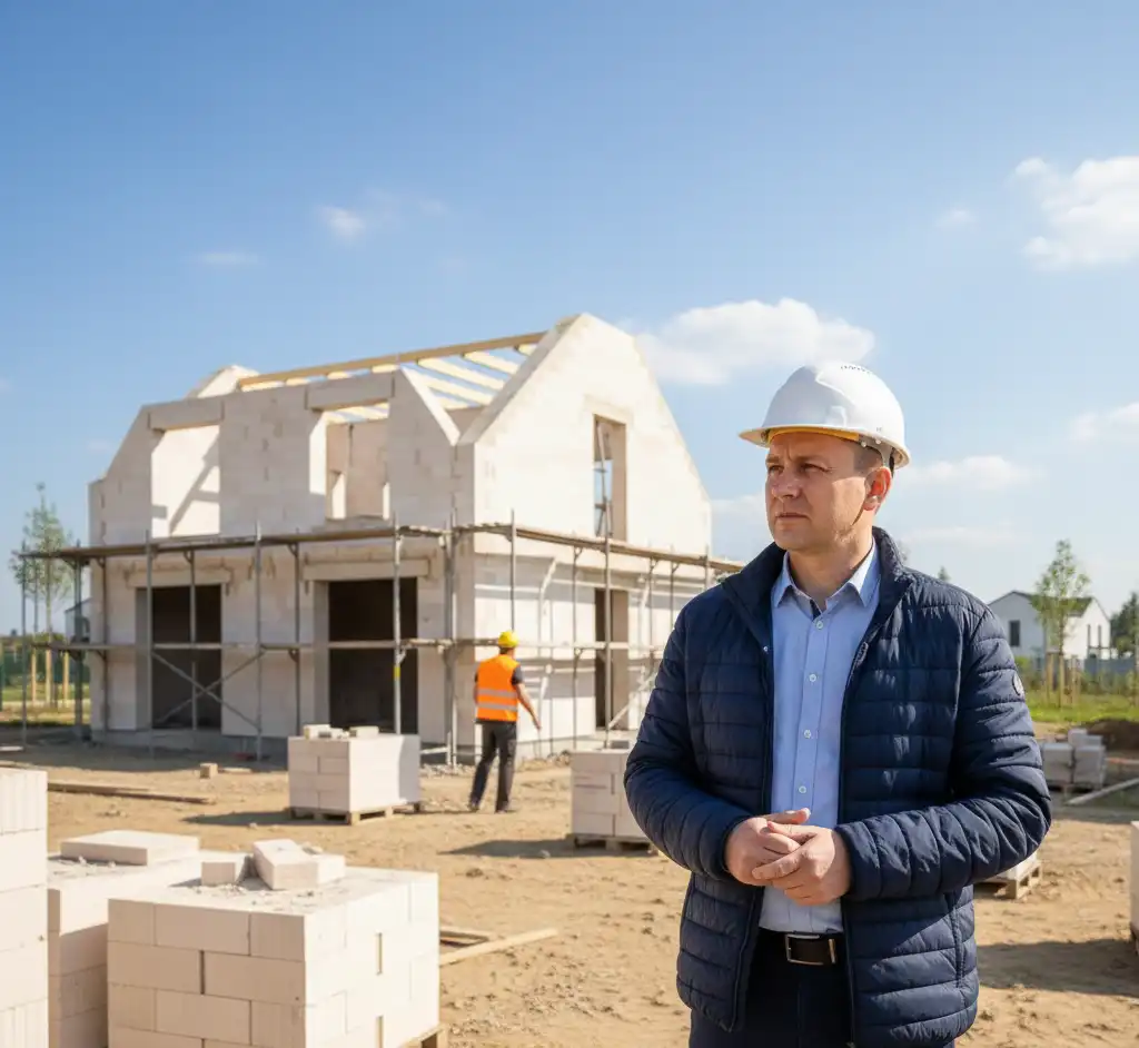 Inwestor-obserwujacy-budowe-domu-i-kontrole-jakosci-prac Kontrola jakości prac budowlanych — na co zwrócić uwagę podczas budowy