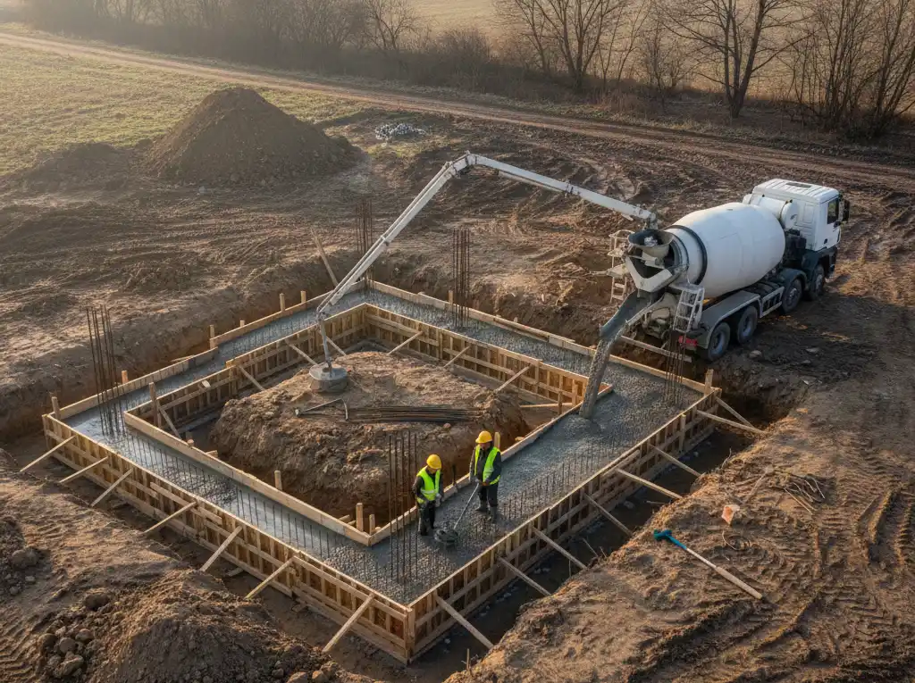 Plac budowy fundamentów domu z lotu ptaka: wykopy, betonowanie, szalunki