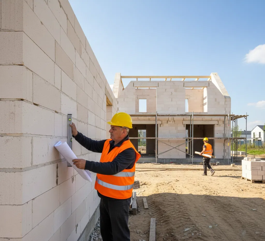 Inspektor nadzoru budowlanego sprawdzający jakość prac na budowie domu