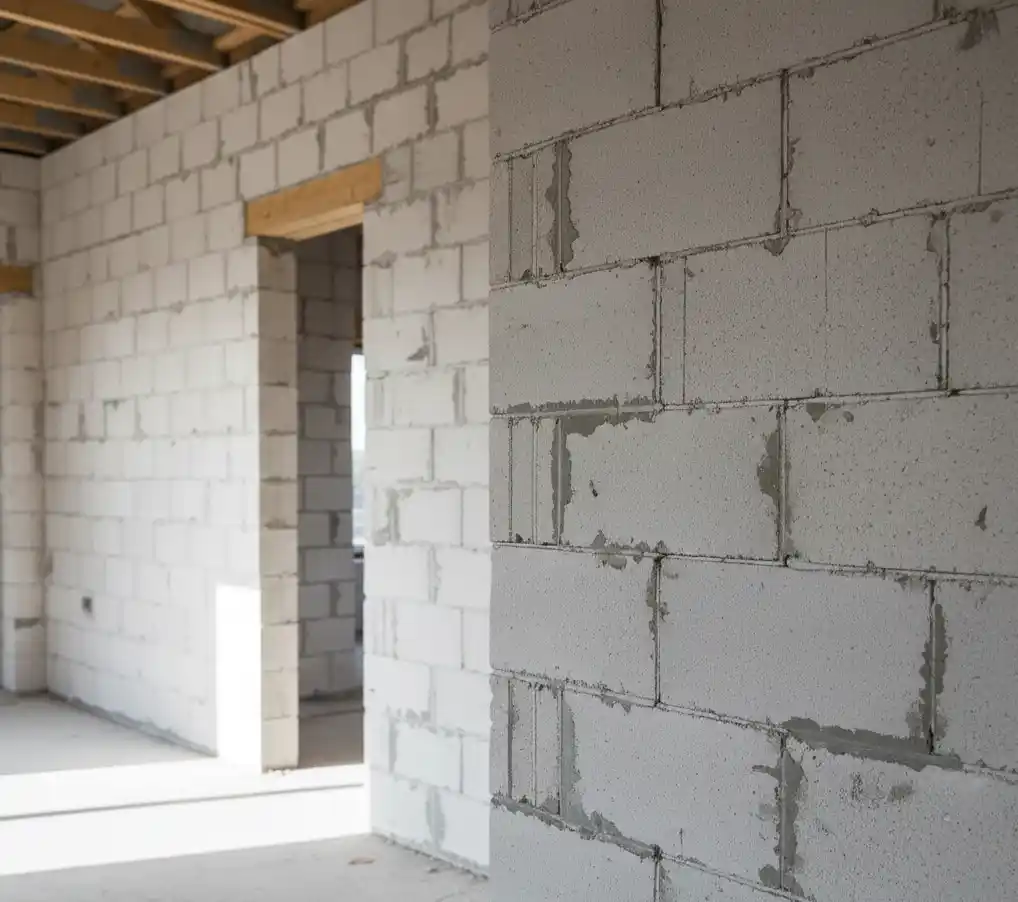 Wnętrze domu jednorodzinnego w stanie surowym zamkniętym, widoczne ścianki działowe oddzielające pomieszczenia, naturalne światło, brak ludzi, realistyczna budowa, brak stylizacji katalogowej Alt: materiały na ścianki działowe w domu jednorodzinnym