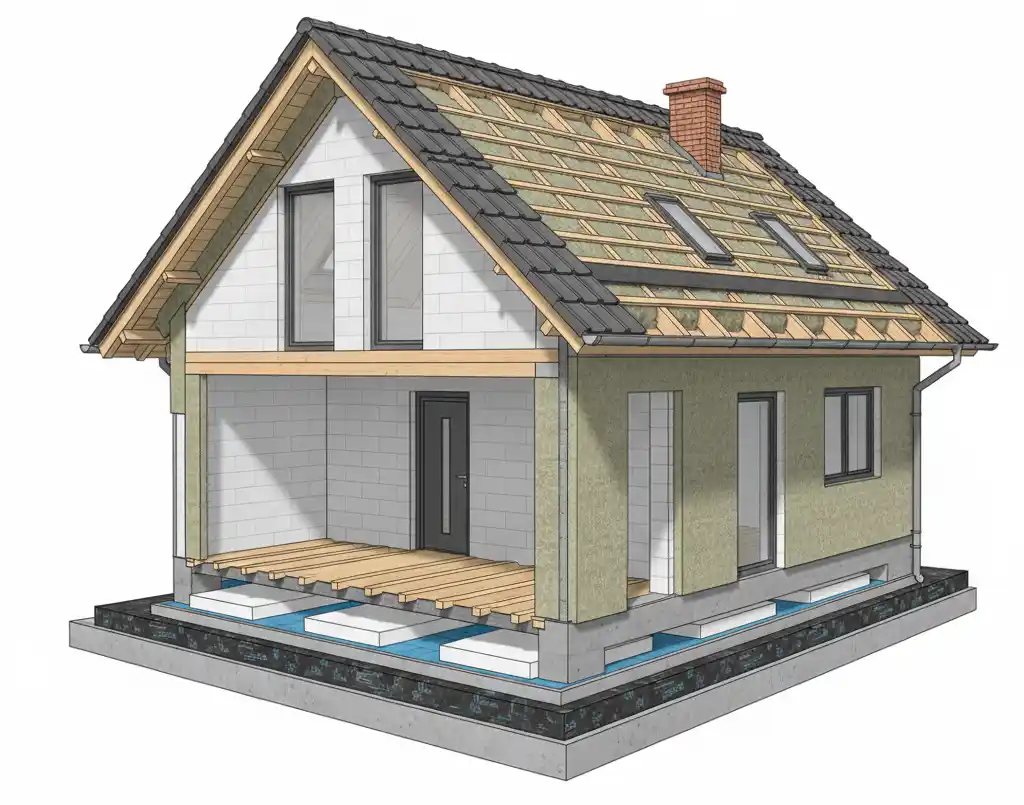 przekroj-domu-energooszczednego Z czego budować dom energooszczędny?
