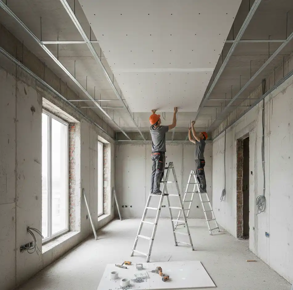 przykrecanie-plyt-gipsowo-kartonowych Jak zrobić sufit podwieszany – kompletny poradnik krok po kroku