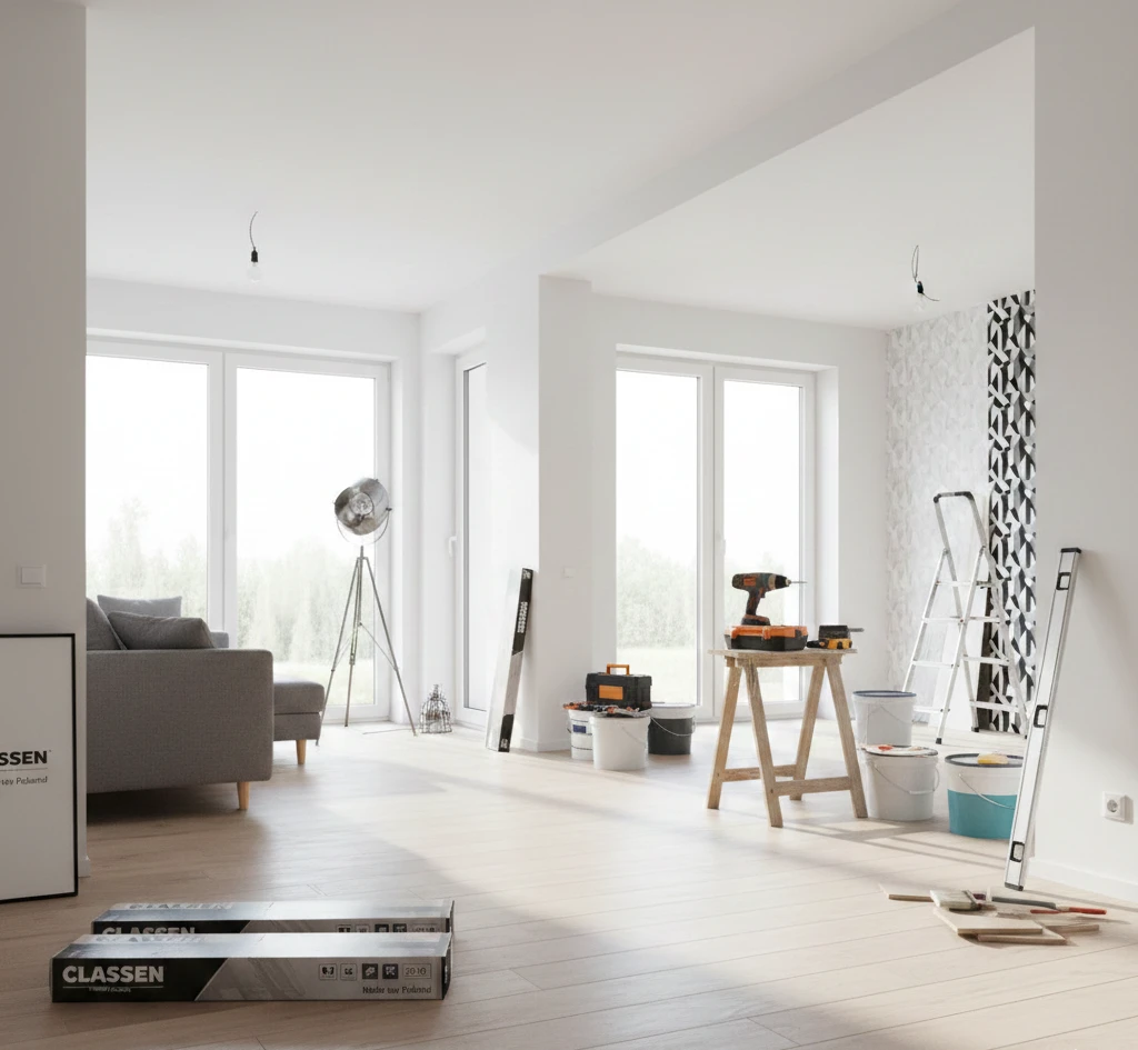 Nowoczesne wnętrze domu w trakcie wykończenia, z widocznymi narzędziami i materiałami budowlanymi, ale przestrzeń już przygotowana do zamieszkania