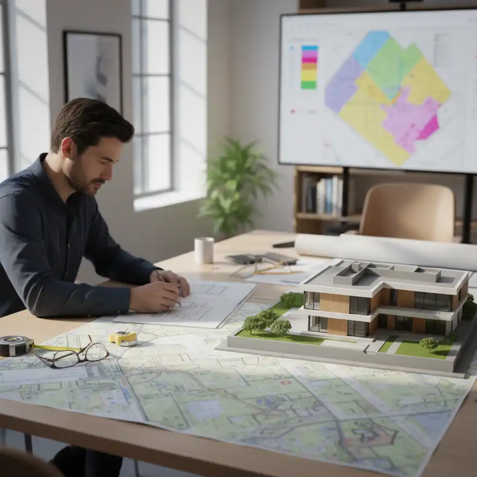 Architekt-analizujacy-mape-dzialki-przy-projekcie-domu Adaptacja projektu domu – co to jest i dlaczego jest niezbędna przed budową