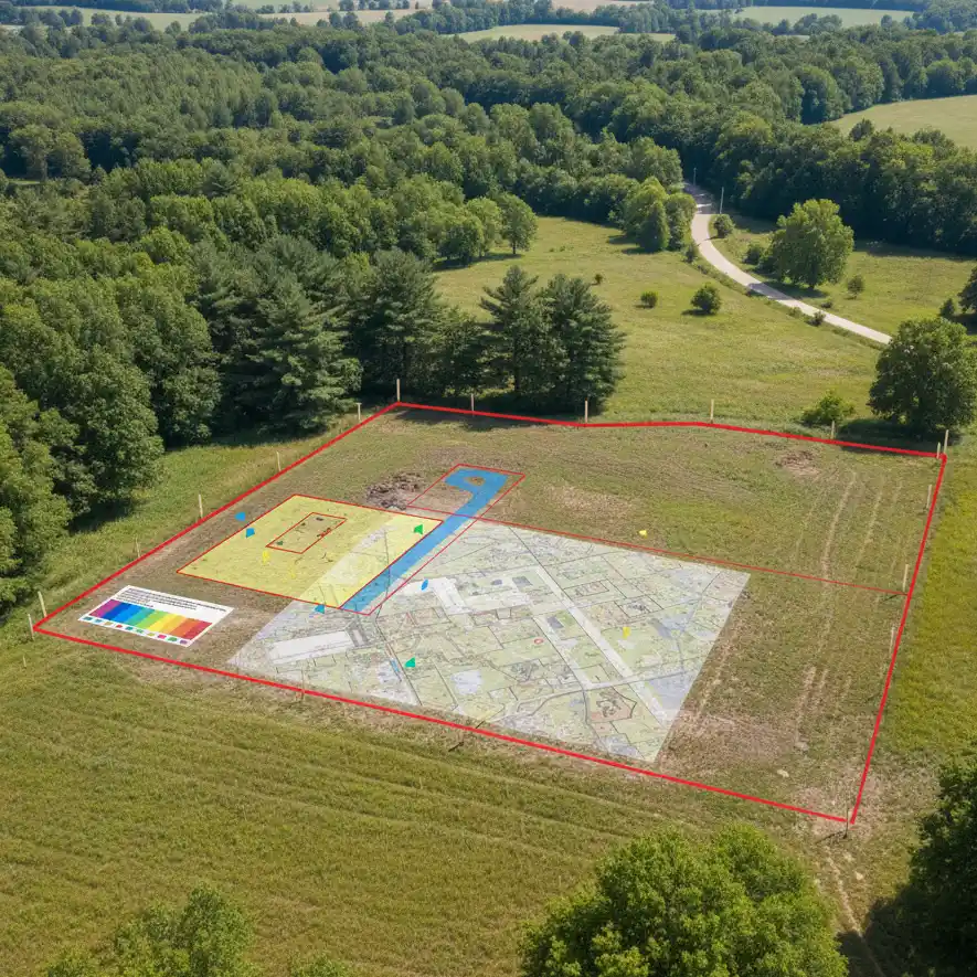 Dzialka-budowlana-z-oznaczeniami-planu-zagospodarowania-przestrzennego Adaptacja projektu domu – co to jest i dlaczego jest niezbędna przed budową