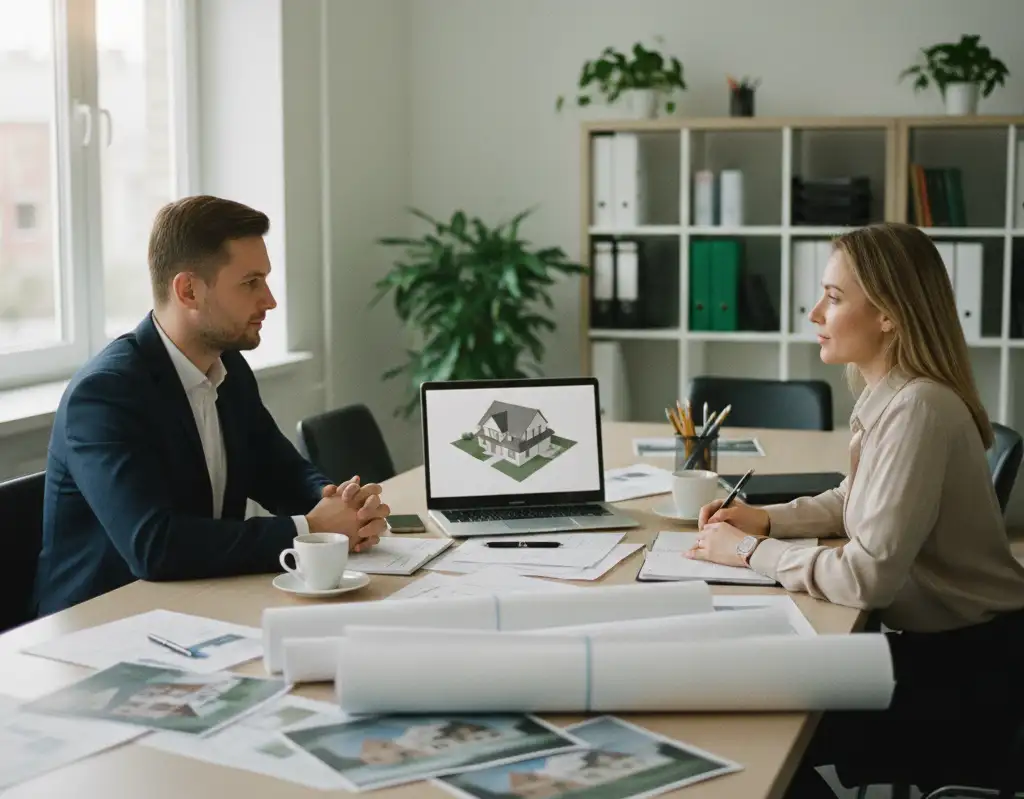 Inwestor-i-architekt-omawiaja-projekt Projekt domu gotowy czy indywidualny – które rozwiązanie naprawdę się opłaca?