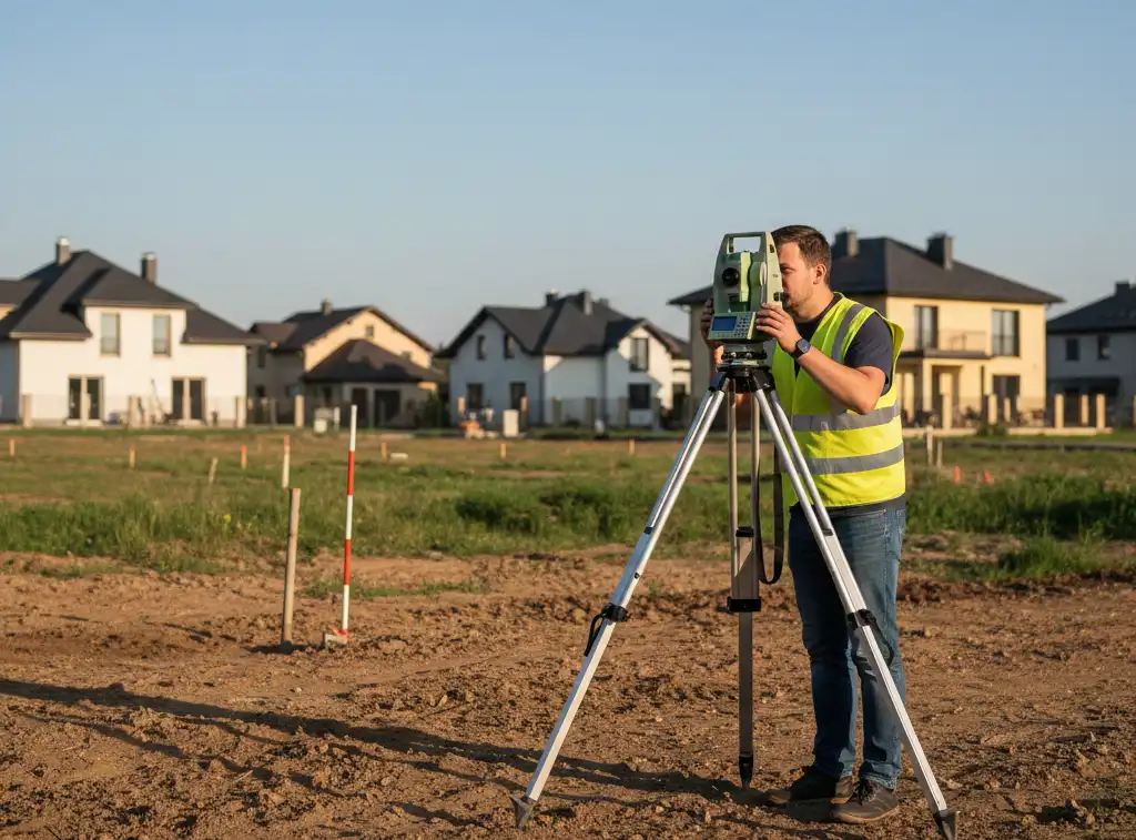 Mapa do celów projektowych – geodeta wykonujący pomiary na działce budowlanej
