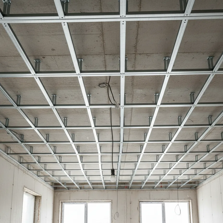 Stelaż pod regipsy na suficie – kompletny widok przygotowanej konstrukcji