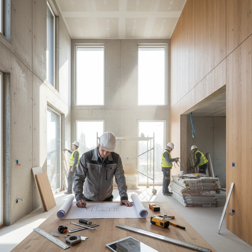 Widok nowoczesnego domu w trakcie budowy z projektem na stole