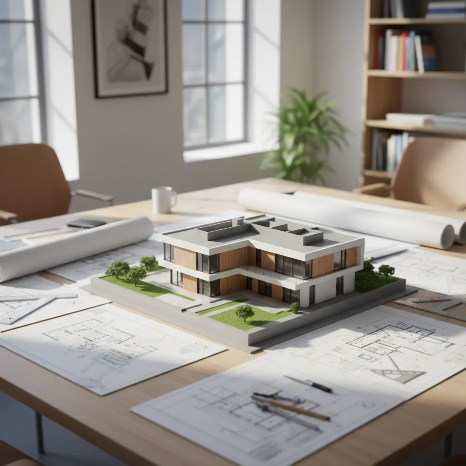 Widok projektu domu z planami architektonicznymi na stole