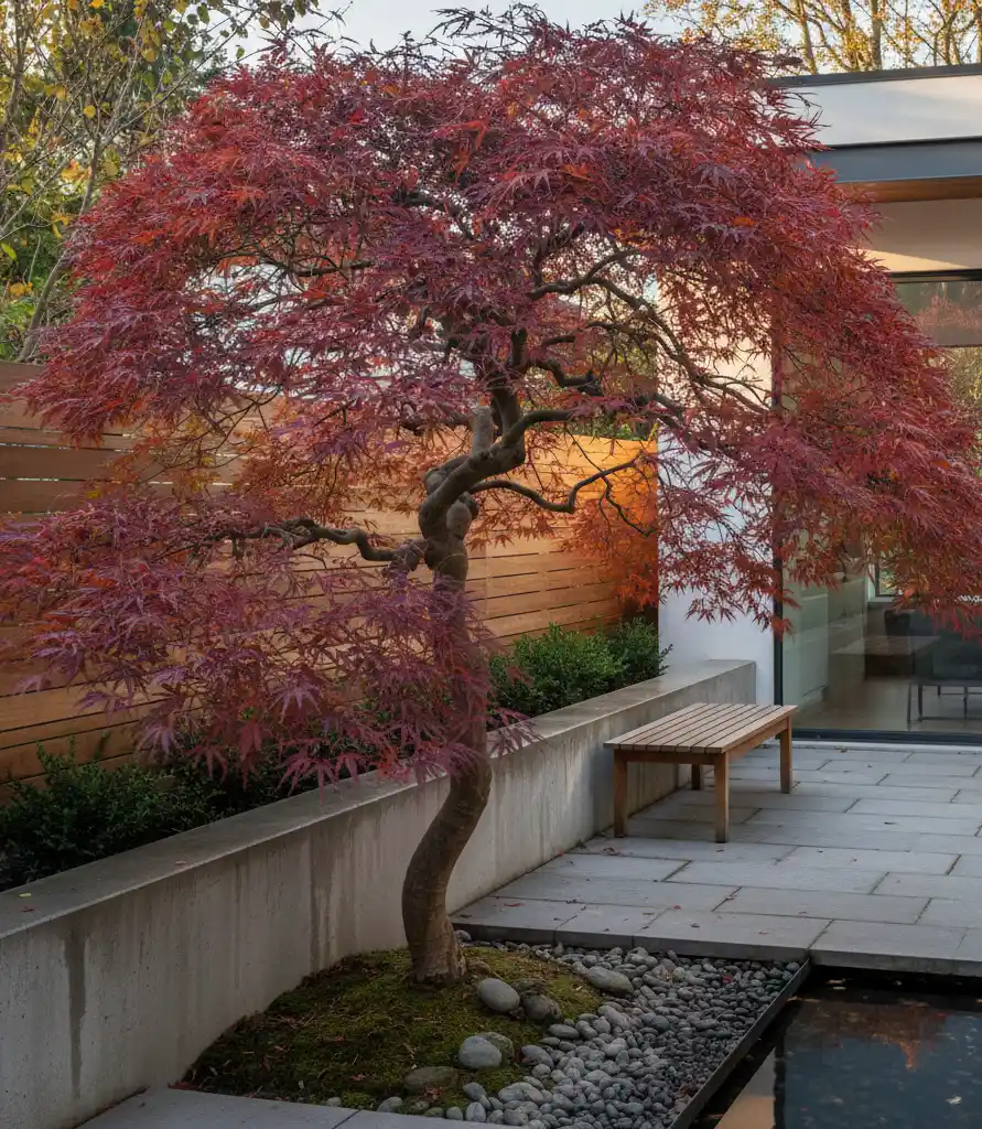 Klon japoński z czerwonymi liśćmi w przydomowym ogrodzie