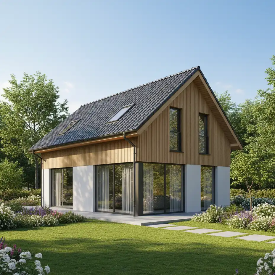 nowoczesny dom z poddaszem użytkowym na działce z ogrodem