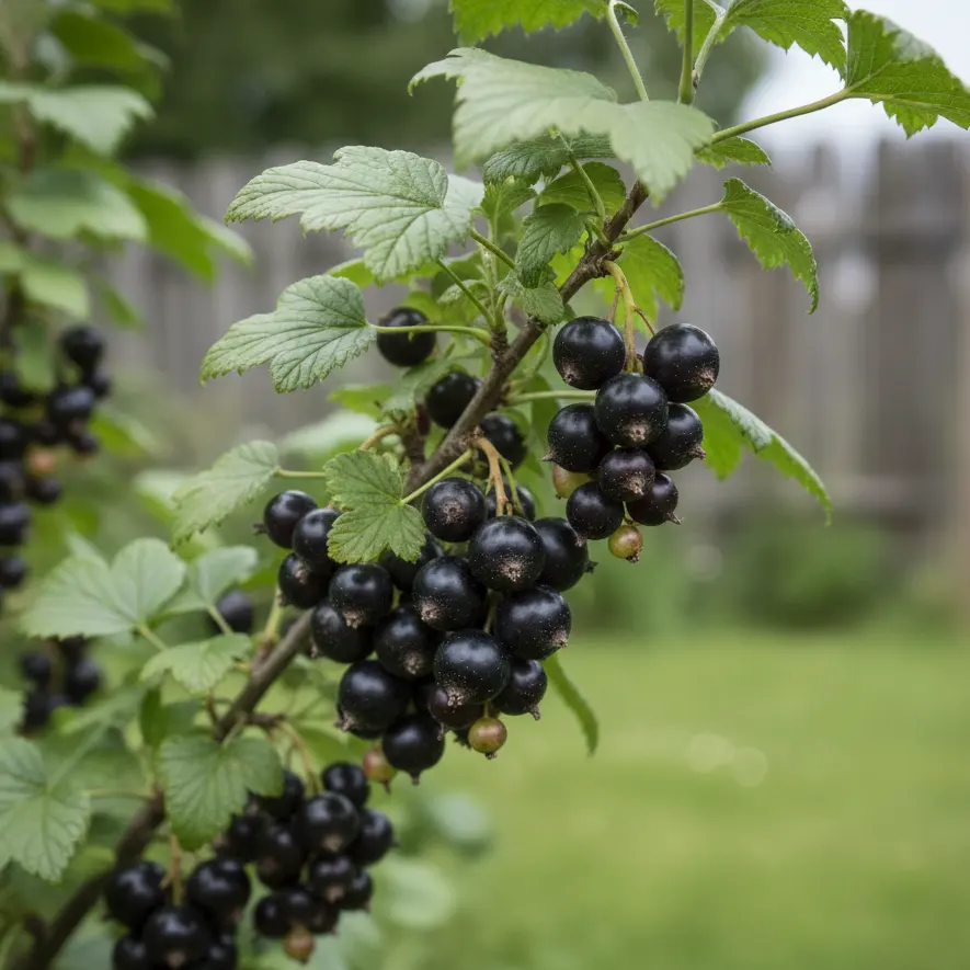 pielęgnacja czarnej porzeczki w ogrodzie – dojrzałe owoce na krzewie