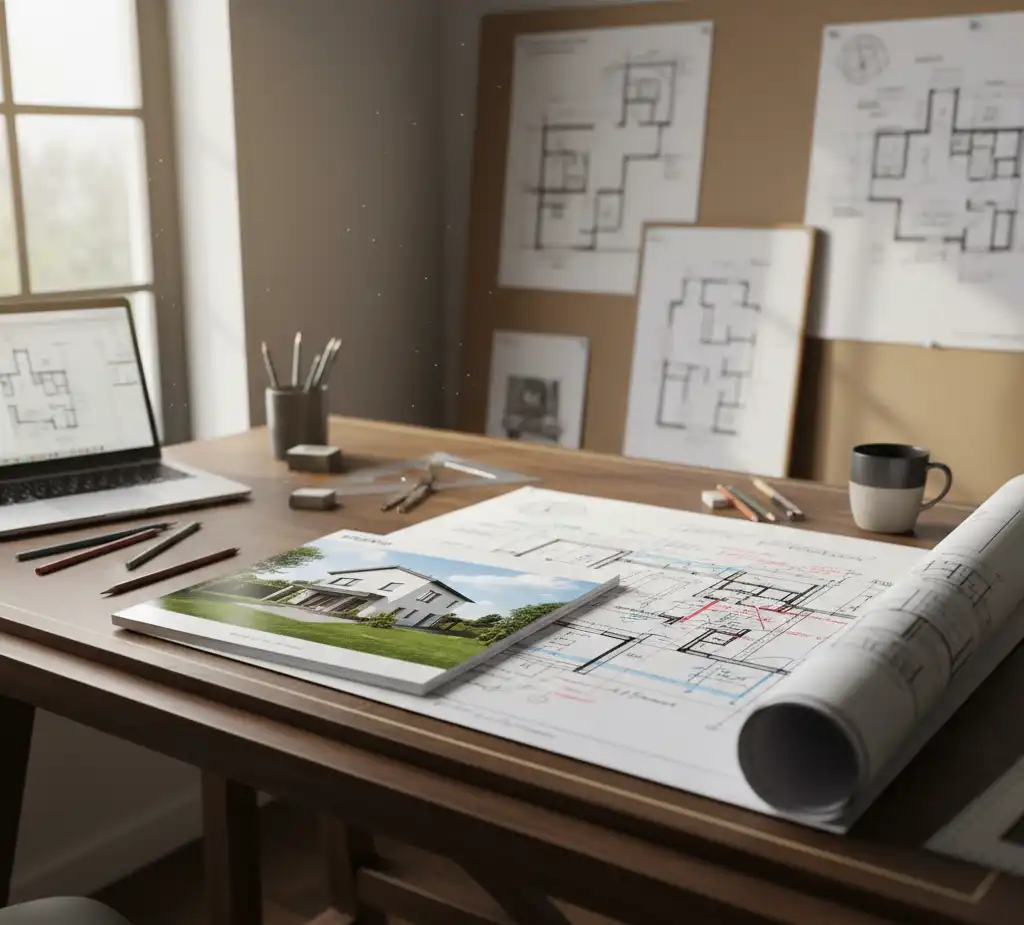 Widok dwóch projektów domu – gotowego i indywidualnego – na stole architekta, symbol wyboru inwestora.