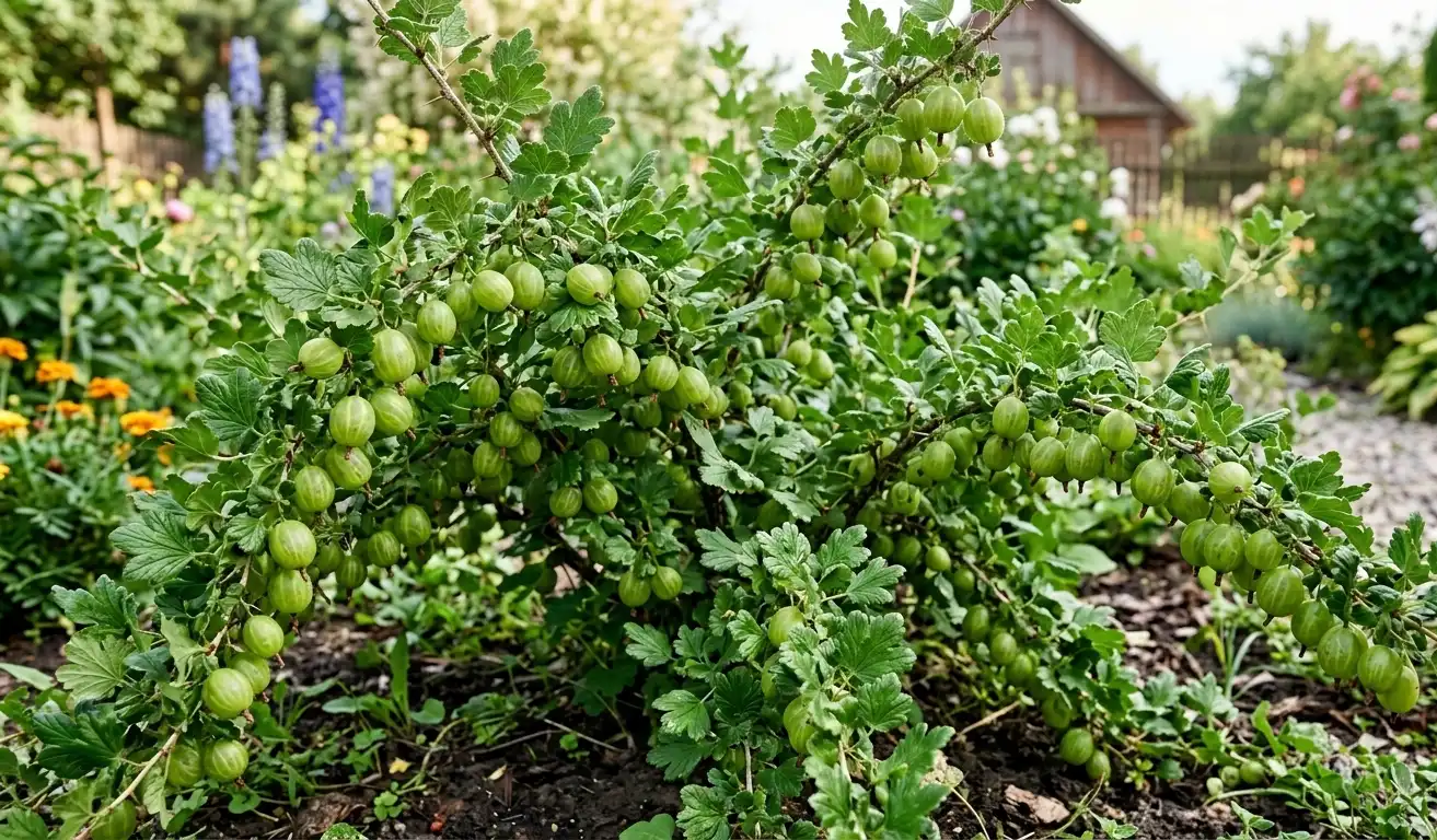 Dojrzały krzew agrestu z zielonymi owocami rosnący w przydomowym ogrodzie w słoneczny dzień