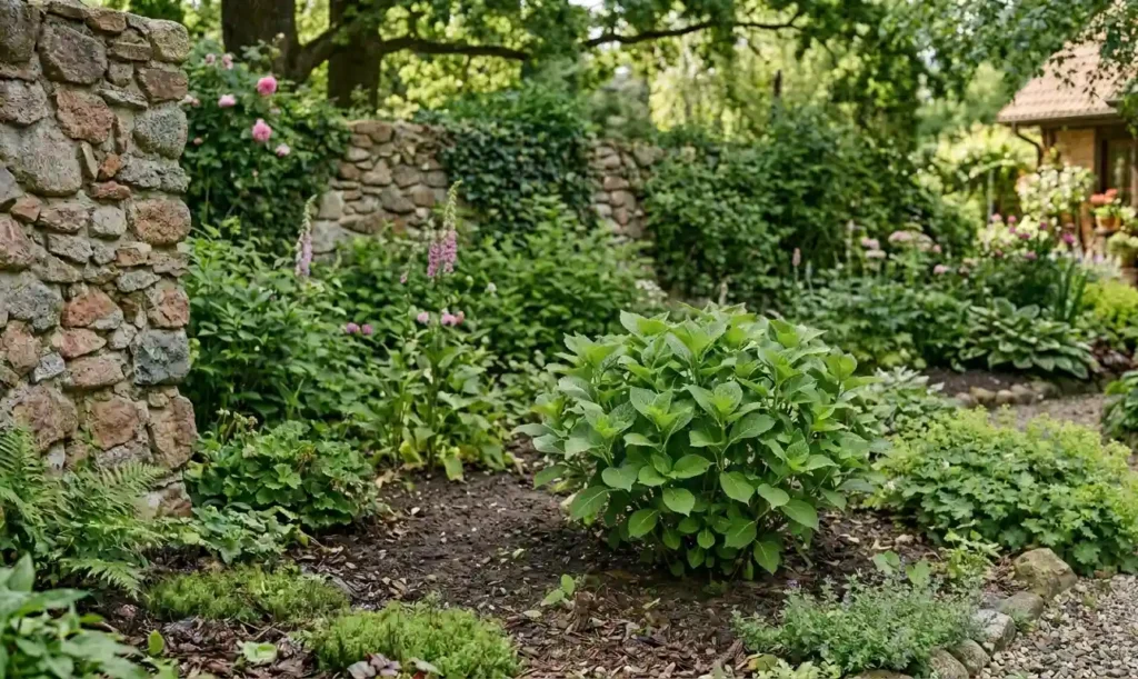 Hortensja-rosnaca-w-polcieniu-przy-ogrodzeniu-w-naturalnym-ogrodzie-1024x611 Uprawa hortensji, czyli jak dbać o hortensje, aby pięknie kwitła?