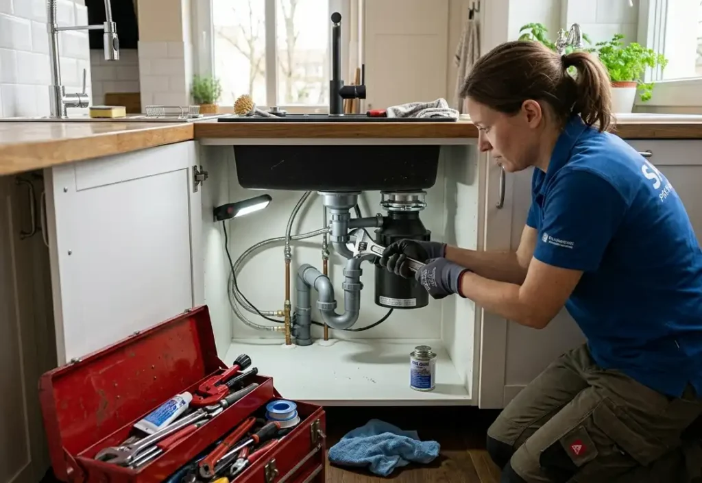 Hydraulik-montujacy-zlew-kuchenny-z-widocznymi-narzedziami-i-instalacja-1024x705 Koszt wymiany zlewu kuchennego - ile zapłacisz w 2026