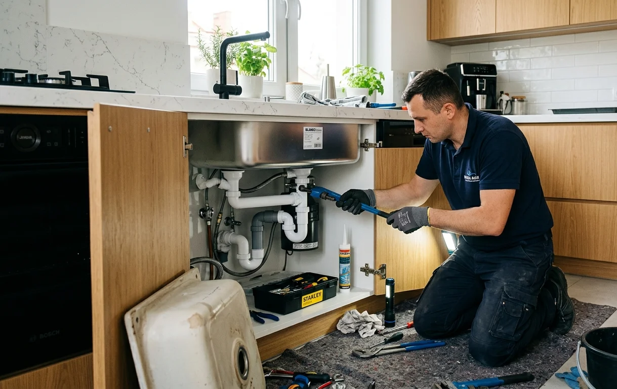 Hydraulik wymienia zlew kuchenny w nowoczesnej kuchni - jaki jest koszt wymiany zlewu kuchennego w 2026?
