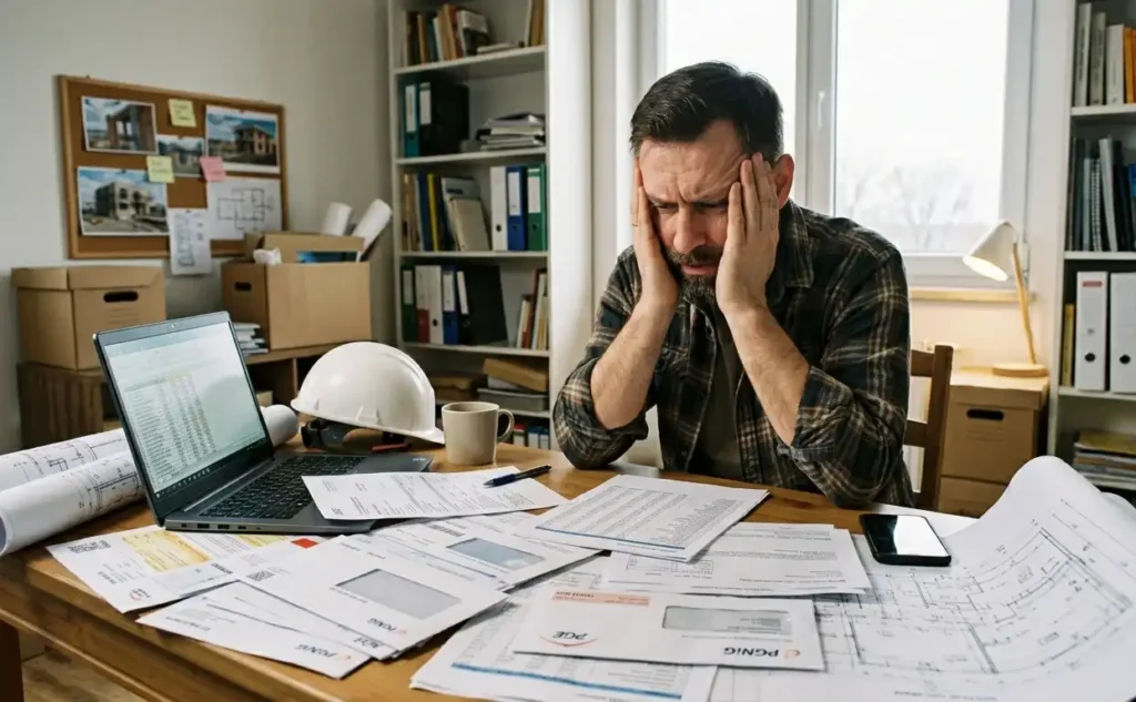 Inwestor-zestresowany-kosztami-budowy-domu-planowanie-budzetu-problemy-finansowe-stres-podczas-budowy-1024x633 Stres podczas budowy domu – przyczyny i sprawdzone sposoby, jak go ograniczyć