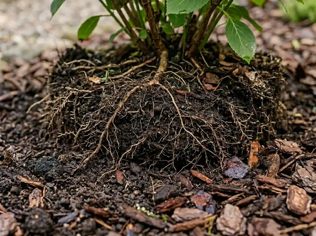 Korzenie-hortensji-w-zyznej-prochniczej-glebie-z-kompostem-i-kora Uprawa hortensji, czyli jak dbać o hortensje, aby pięknie kwitła?