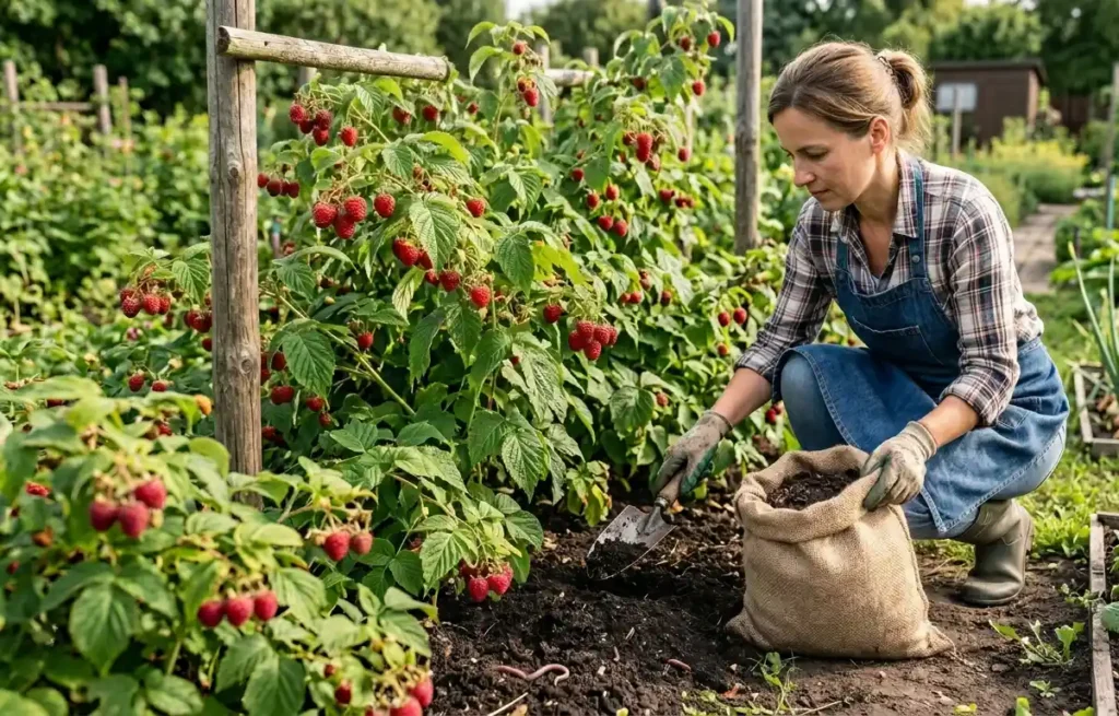 Maliny-w-ogrodzie-nawozone-kompostem-1024x655 Pielęgnacja malin – jak dbać o maliny, aby obficie owocowały?