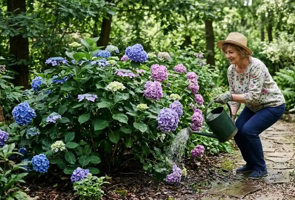 Podlewanie-hortensji-w-ogrodzie-w-polcieniu-zielone-liscie-i-kwiaty-1024x697 Uprawa hortensji, czyli jak dbać o hortensje, aby pięknie kwitła?