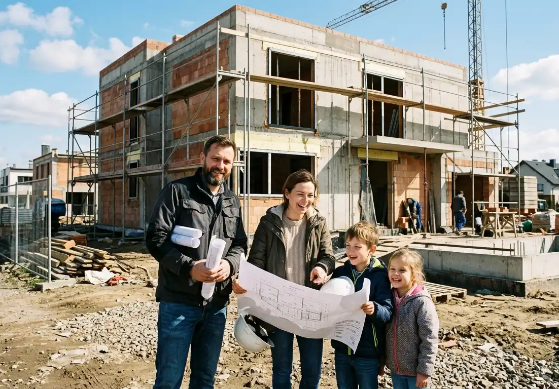 Rodzina przed budującym się domem jednorodzinnym, emocje podczas budowy domu, planowanie budowy, stres i radość inwestora