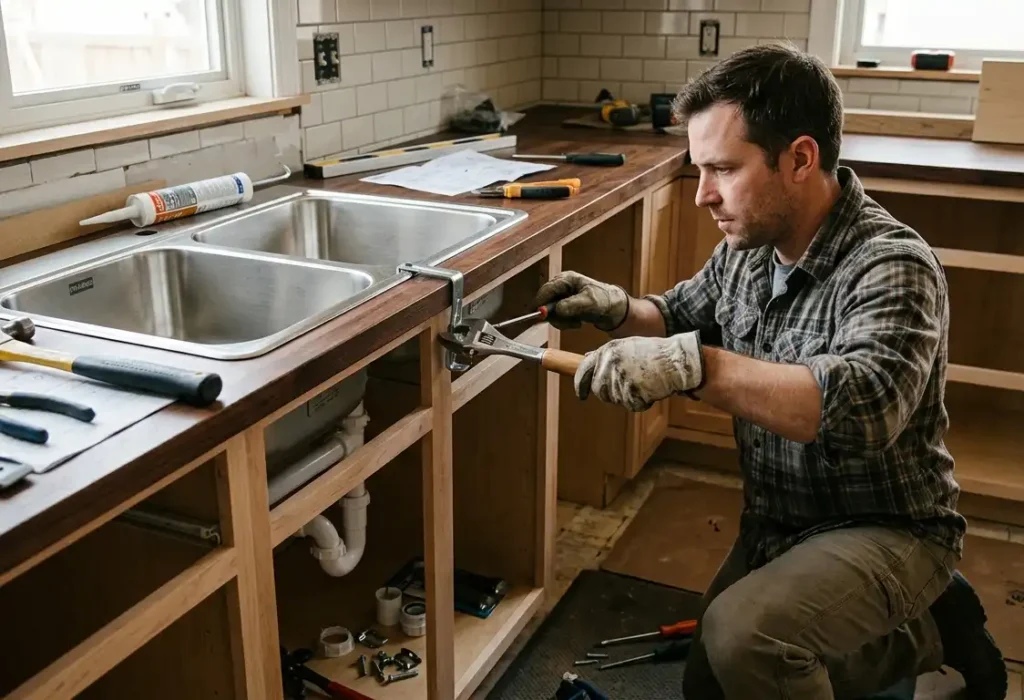 Samodzielny-montaz-zlewu-kuchennego-1024x700 Koszt wymiany zlewu kuchennego - ile zapłacisz w 2026