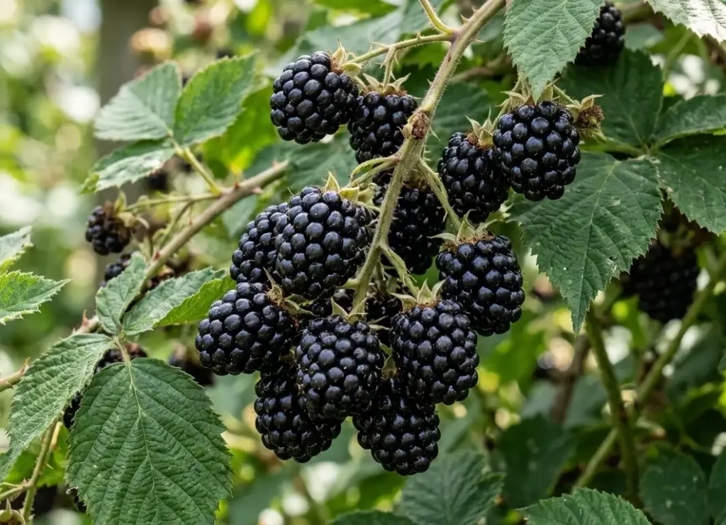 dojrzale-owoce-jezyny-rosnace-na-krzewie-w-ogrodzie-1024x741 Pielęgnacja jeżyny przez cały rok - jak dbać o krzew, aby obficie owocował