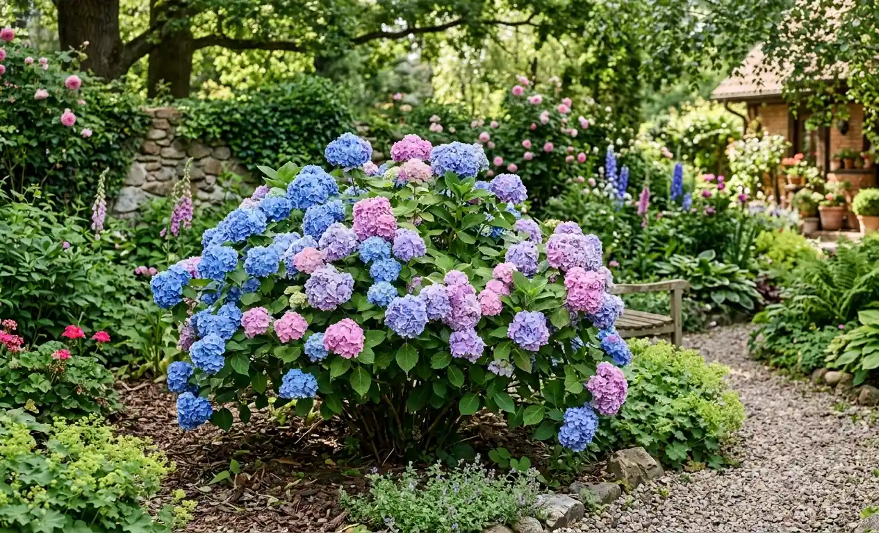 krzew hortensji w ogrodzie z różowymi i niebieskimi kwiatami w pełnym rozkwicie
