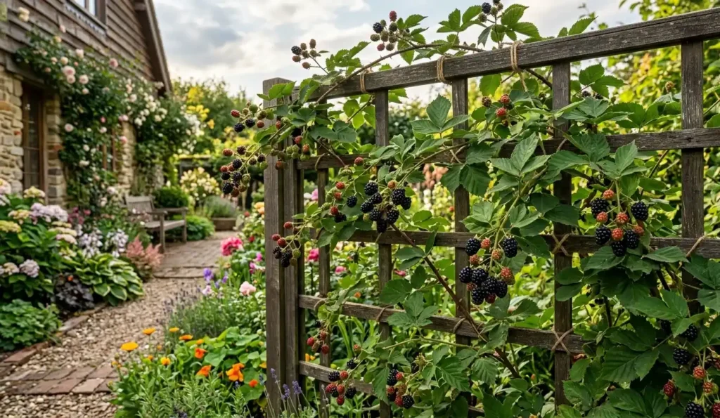 krzew-jezyny-prowadzony-na-podporach-w-ogrodzie-1024x595 Pielęgnacja jeżyny przez cały rok - jak dbać o krzew, aby obficie owocował