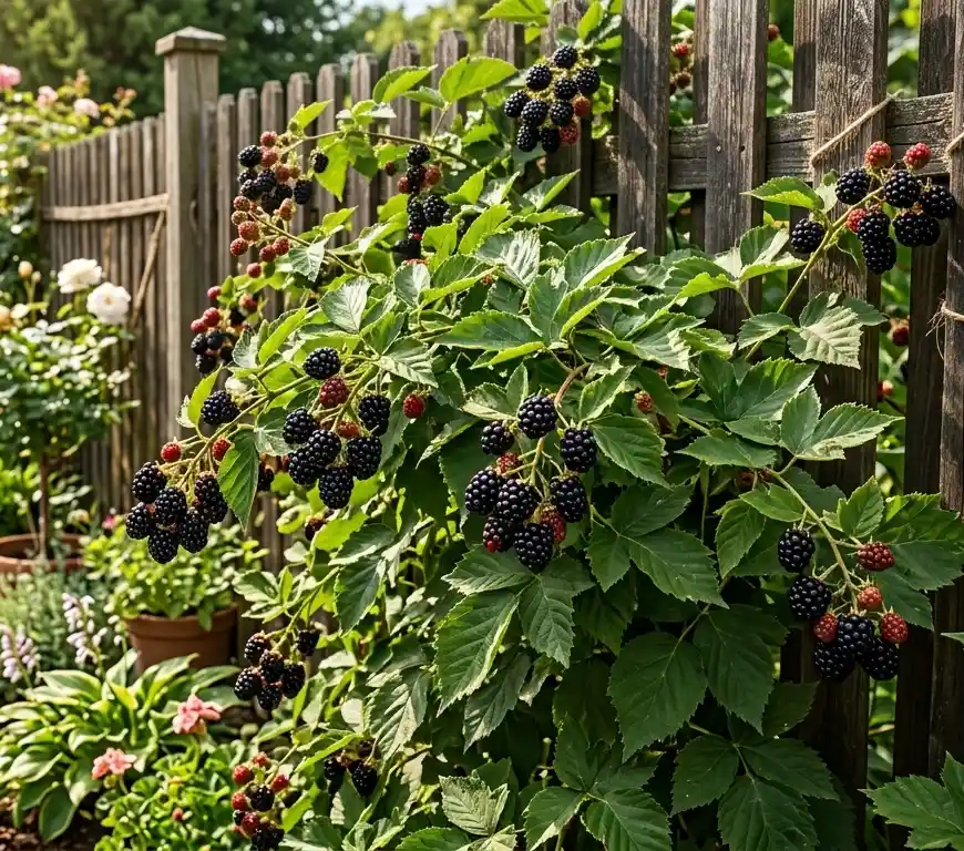 krzew-jezyny-rosnacy-w-slonecznym-miejscu-w-ogrodzie Pielęgnacja jeżyny przez cały rok - jak dbać o krzew, aby obficie owocował