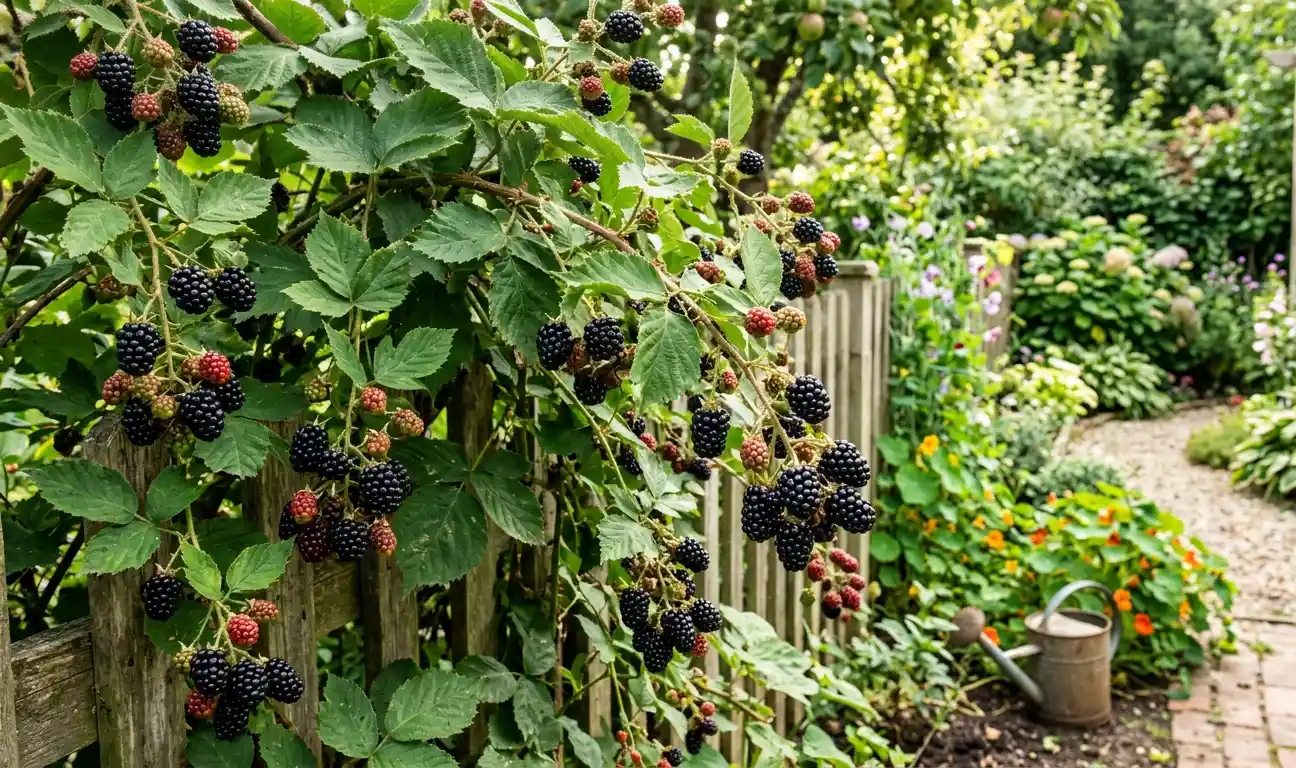 krzew jeżyny z dojrzałymi owocami w przydomowym ogrodzie