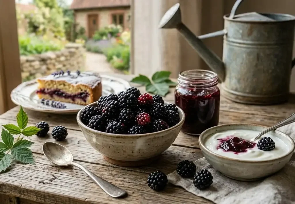 miska-swiezych-jezyn-w-towarzystwie-dzemu-jogurtu-i-ciasta-1024x708 Pielęgnacja jeżyny przez cały rok - jak dbać o krzew, aby obficie owocował