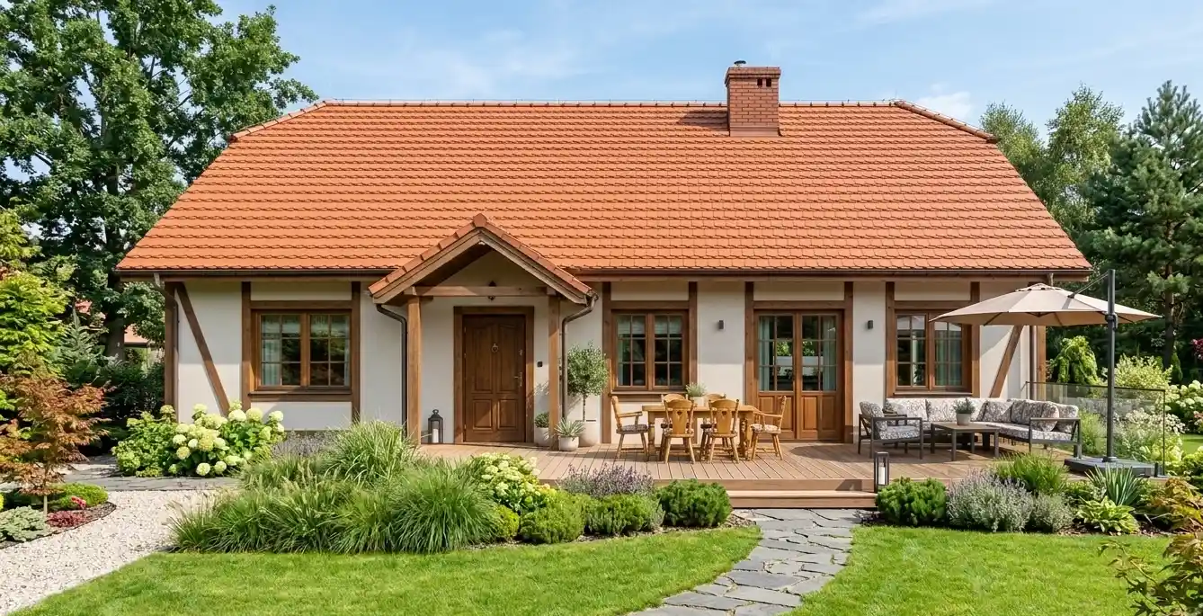 nowoczesny dom parterowy z przeszklonymi ścianami, tarasem i ogrodem, słoneczny dzień