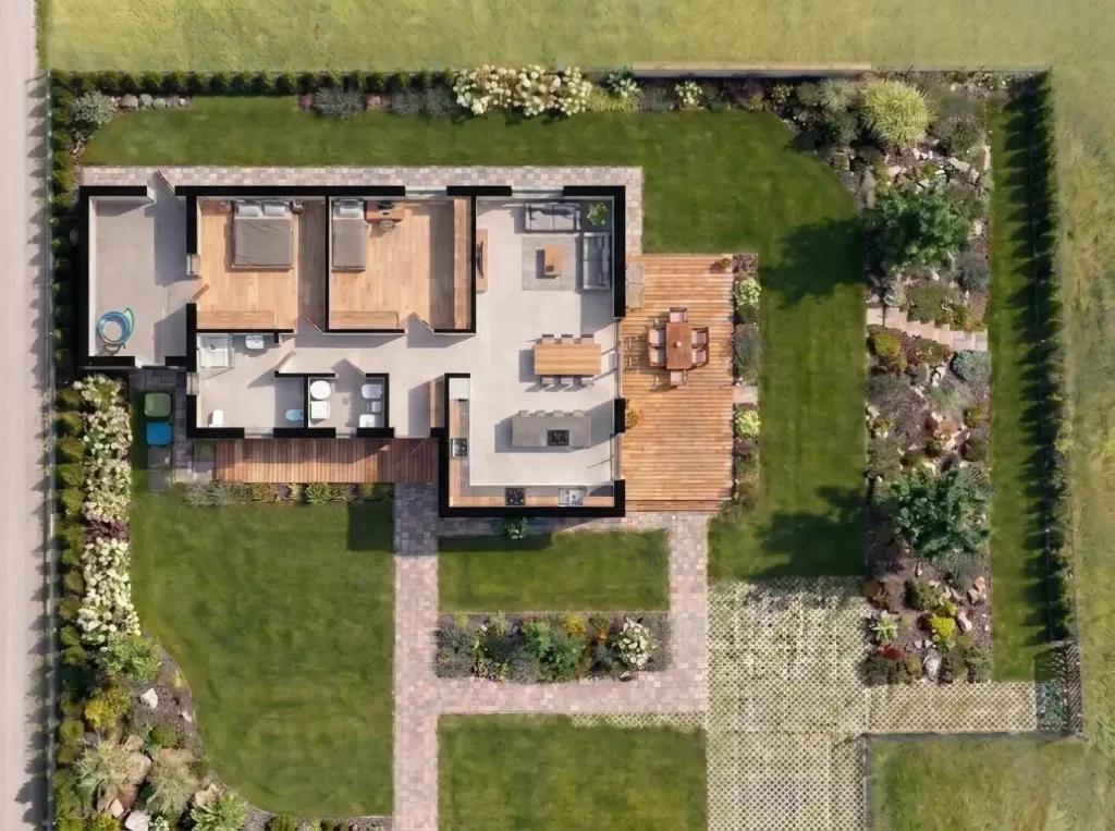 plan-domu-parterowego-z-dzialka-tarasem-i-ogrodem-widok-z-gory-1024x763 Projekt domu parterowego – prosty dom, wielkie możliwości