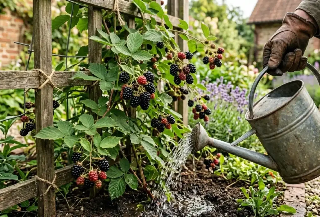 podlewanie-krzewu-jezyny-w-ogrodzie-konewka-1024x694 Pielęgnacja jeżyny przez cały rok - jak dbać o krzew, aby obficie owocował