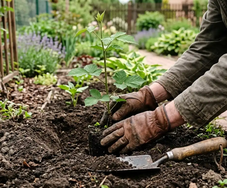 sadzenie-sadzonki-jezyny-w-ogrodzie Pielęgnacja jeżyny przez cały rok - jak dbać o krzew, aby obficie owocował