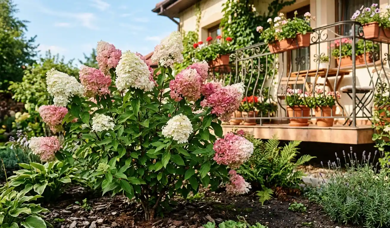 zdjęcie hortensji bukietowej w pełnym rozkwicie w ogrodzie