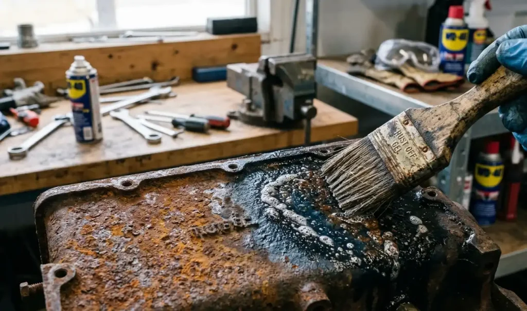 Aplikacja-chemicznego-srodka-do-usuwania-rdzy-na-metalowej-powierzchni-w-warsztacie-1024x605 Jak usunąć rdzę z metalu – skuteczne metody, domowe sposoby i sprawdzone techniki czyszczenia