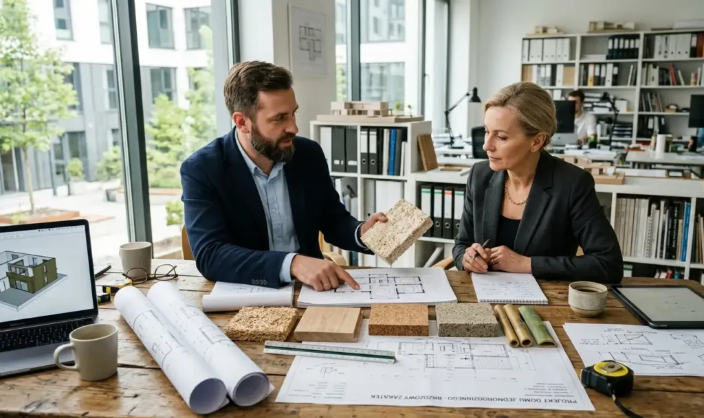 Architekt-i-inwestor-wybieraja-ekologiczne-materialy-budowlane-na-podstawie-probek-1024x609 Ekologiczne materiały budowlane – jak budować nowocześnie, zdrowo i odpowiedzialnie