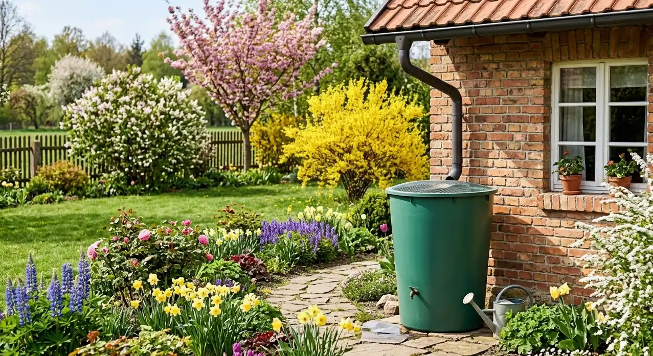 Duży zbiornik na deszczówkę ustawiony pod rynną domu w zadbanym ogrodzie, symbolizujący ekologiczne i praktyczne oszczędzanie wody