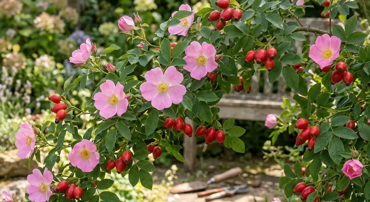 Dzika róża z kwiatami i owocami na naturalnym tle ogrodu - efekt dokładnej pielęgnacji dzikiej róży