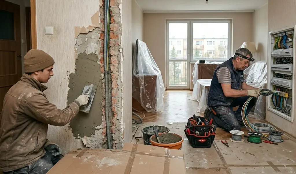 Elektryk-i-pracownik-remontowy-przy-scianie-w-mieszkaniu-podczas-modernizacji-instalacji-elektrycznej-1024x602 Koszt wymiany instalacji elektrycznej w mieszkaniu – ile zapłacisz i od czego to zależy