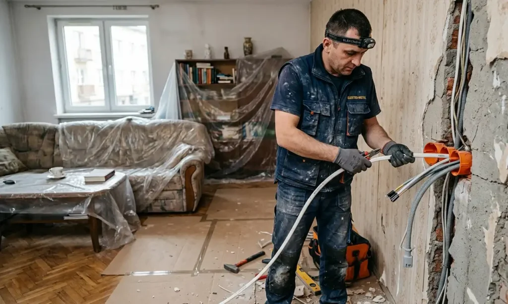Elektryk-modernizujacy-instalacje-elektryczna-w-mieszkaniu-podczas-remontu-1024x614 Koszt wymiany instalacji elektrycznej w mieszkaniu – ile zapłacisz i od czego to zależy