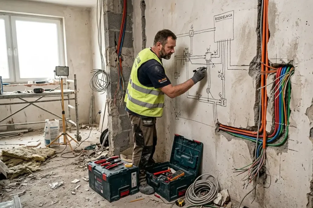 Elektryk-planujacy-rozmieszczenie-instalacji-elektrycznej-na-scianie-mieszkania-1024x681 Koszt wymiany instalacji elektrycznej w mieszkaniu – ile zapłacisz i od czego to zależy