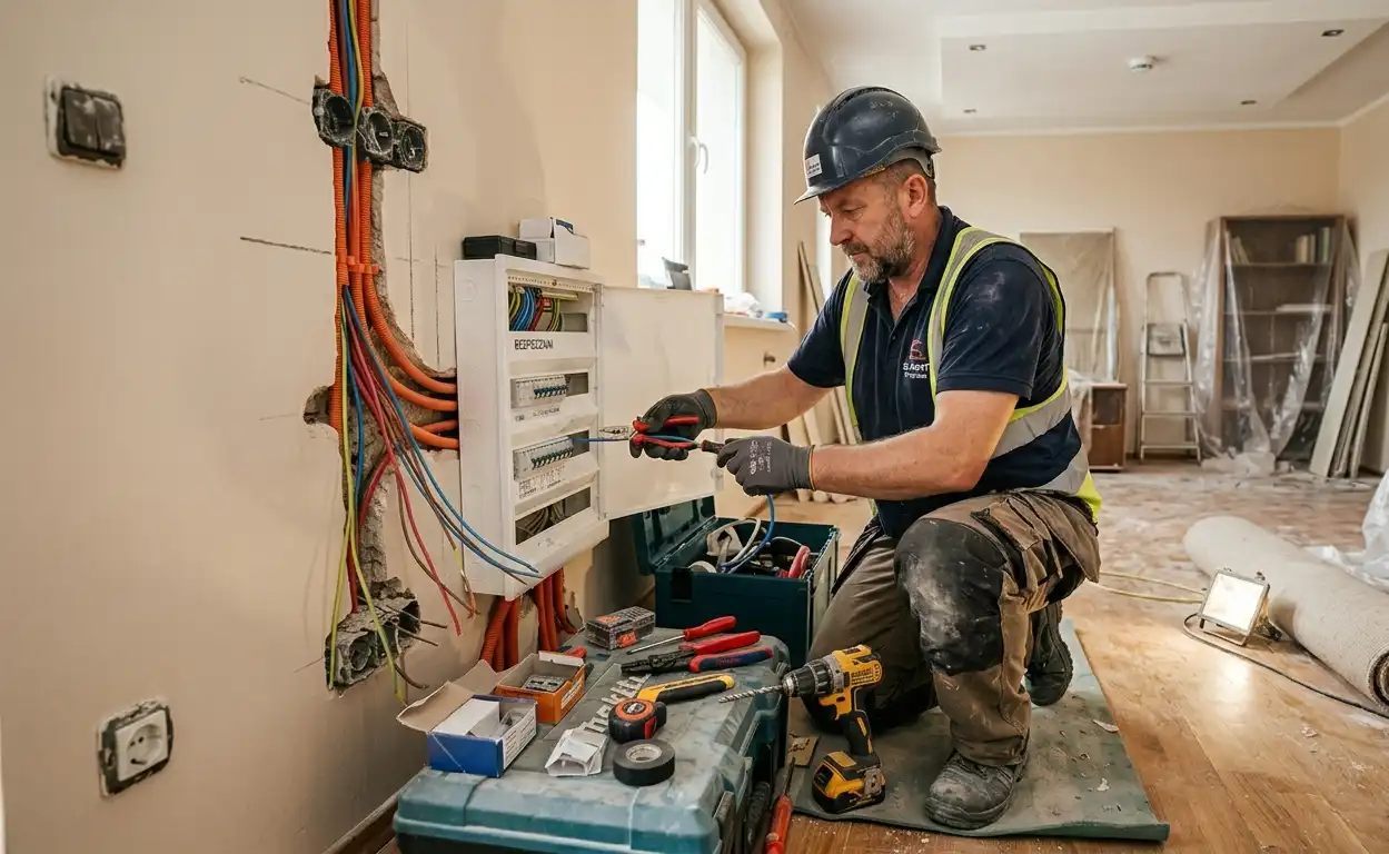 Elektryk wykonujący wymianę instalacji elektrycznej w ścianie mieszkania podczas generalnego remontu